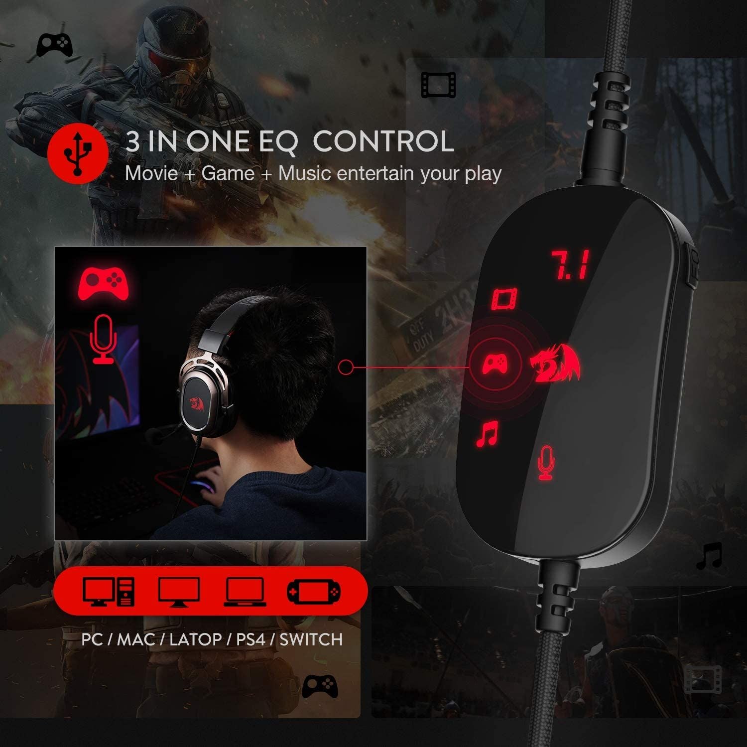 H710 Helios USB Wired Gaming Headset - 7.1 Surround Sound - 50MM Drivers | Hifi Media Store