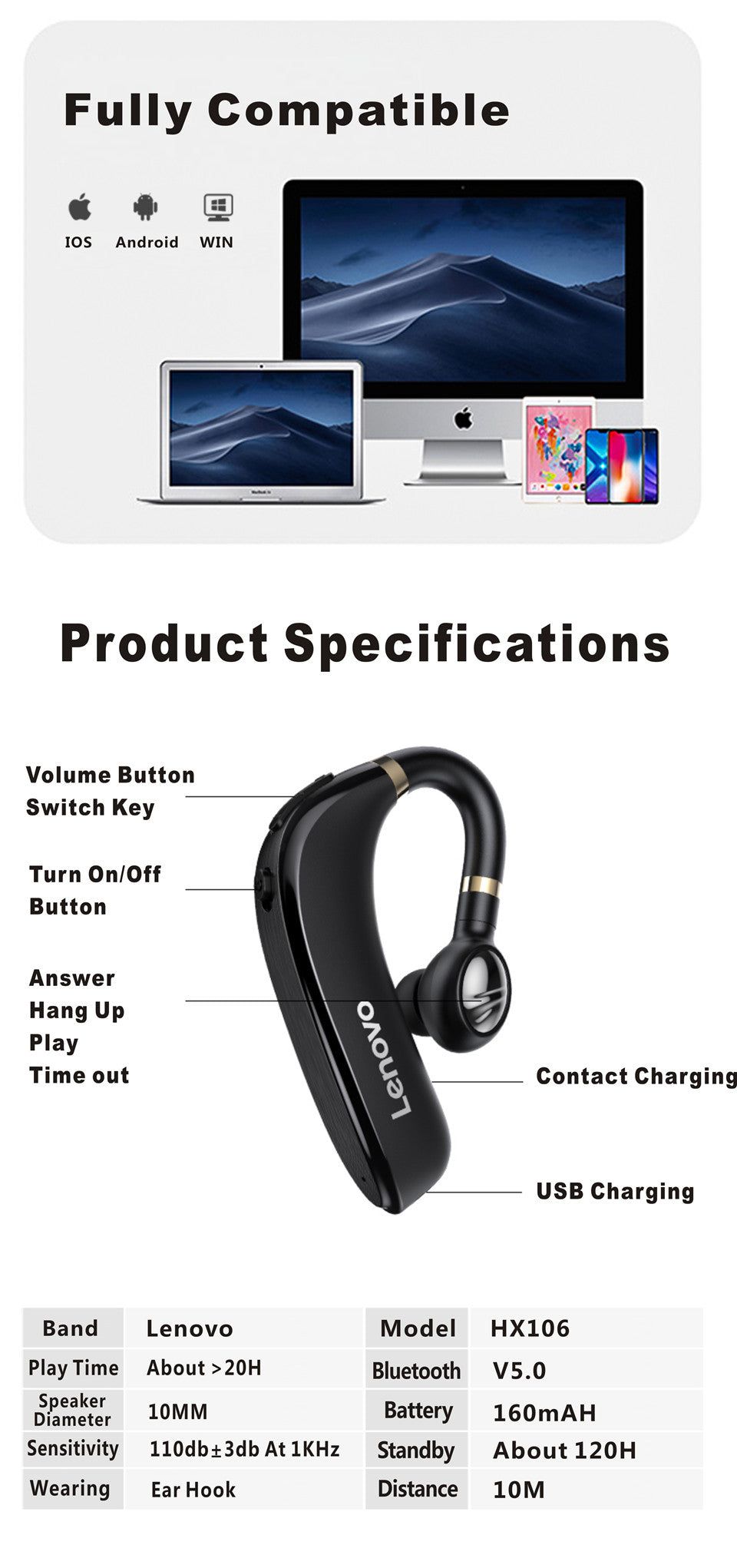 HX106 Bluetooth Earphone with Ear Hook | Hifi Media Store