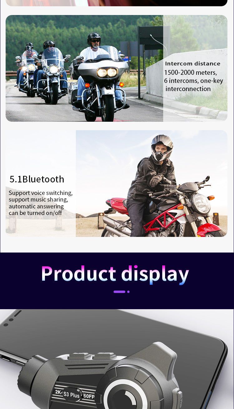 S3/S3 Plus Motorcycle Intercom with 2K HD Camera | Hifi Media Store