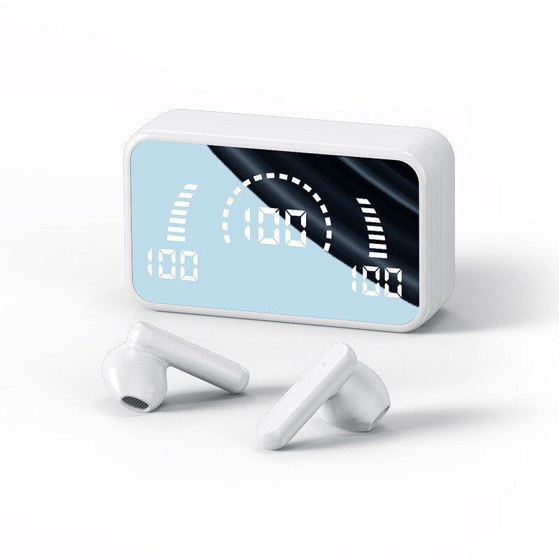 V9-TWS Earbuds with LED Display and Effect Mirror. White | Hifi Media Store