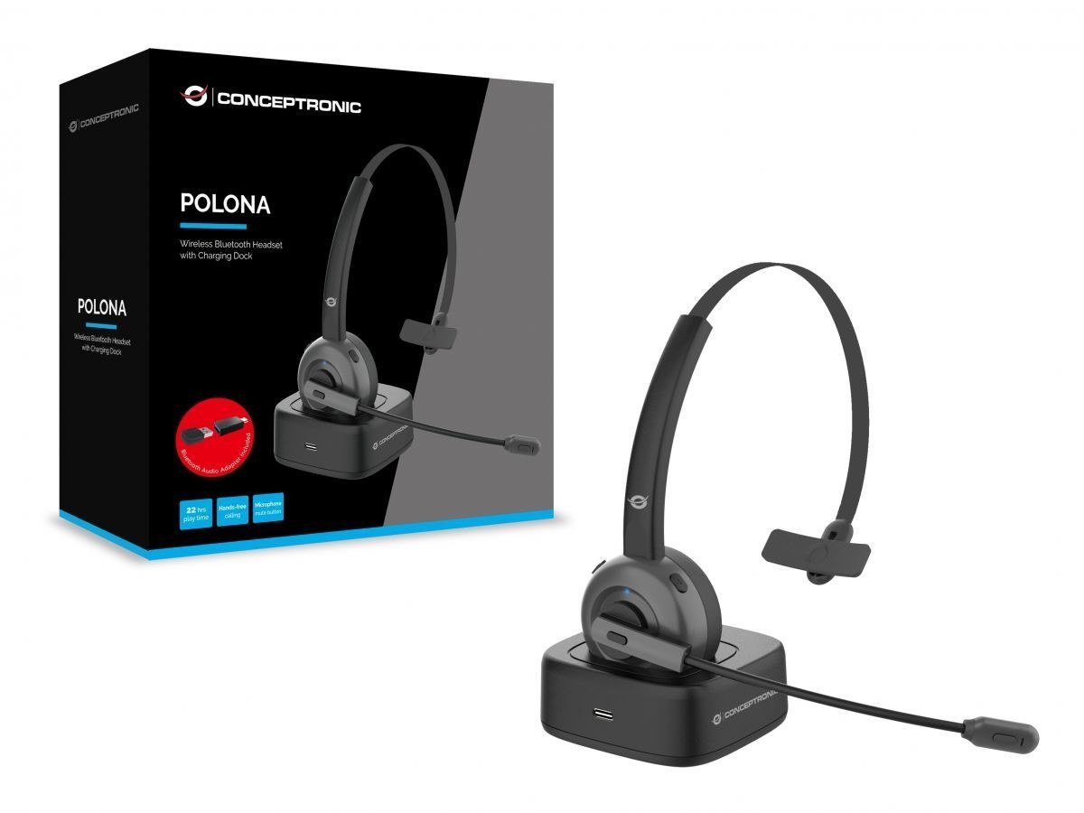 Conceptronic Polona 03BDA - Wireless Bluetooth Headset with Charging Station and Adapter