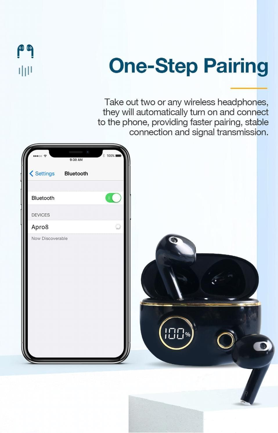 APRO8 Earbuds TWS with Mic and Power Display on Case | Hifi Media Store