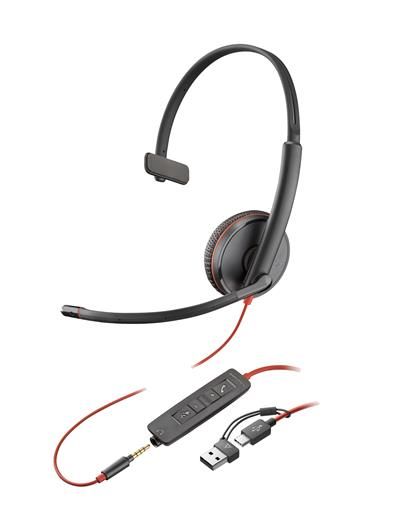 HP Poly Blackwire 3215 - Auricular Monoaural + Conector de 3,5 mm + Adaptador USB-C/A Todos los auriculares | HP