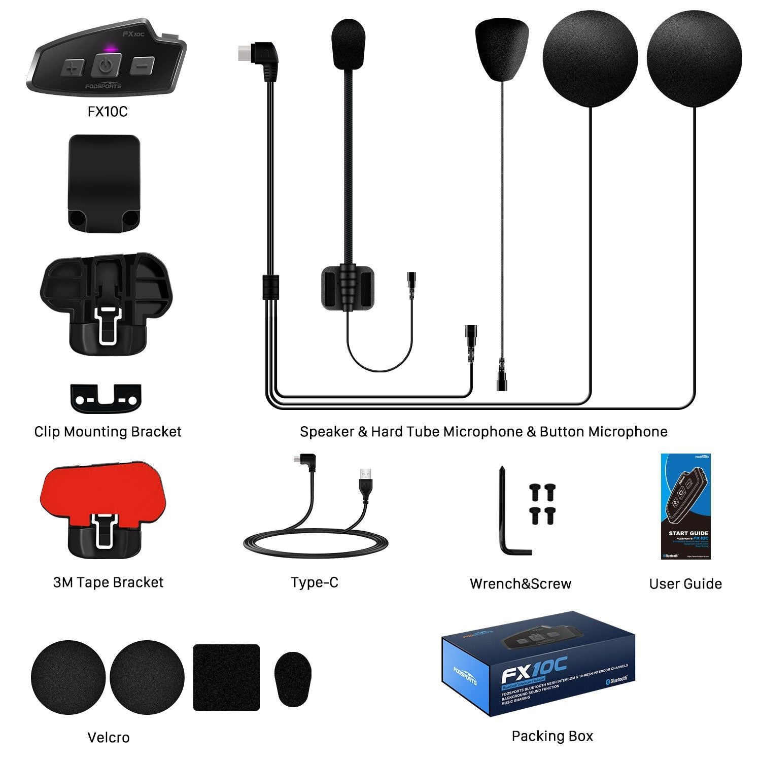 FODSPORTS FX10C Motorcycle Bluetooth Mesh Intercom - 1000m Range, Hi-Fi Sound, Background Noise Mode