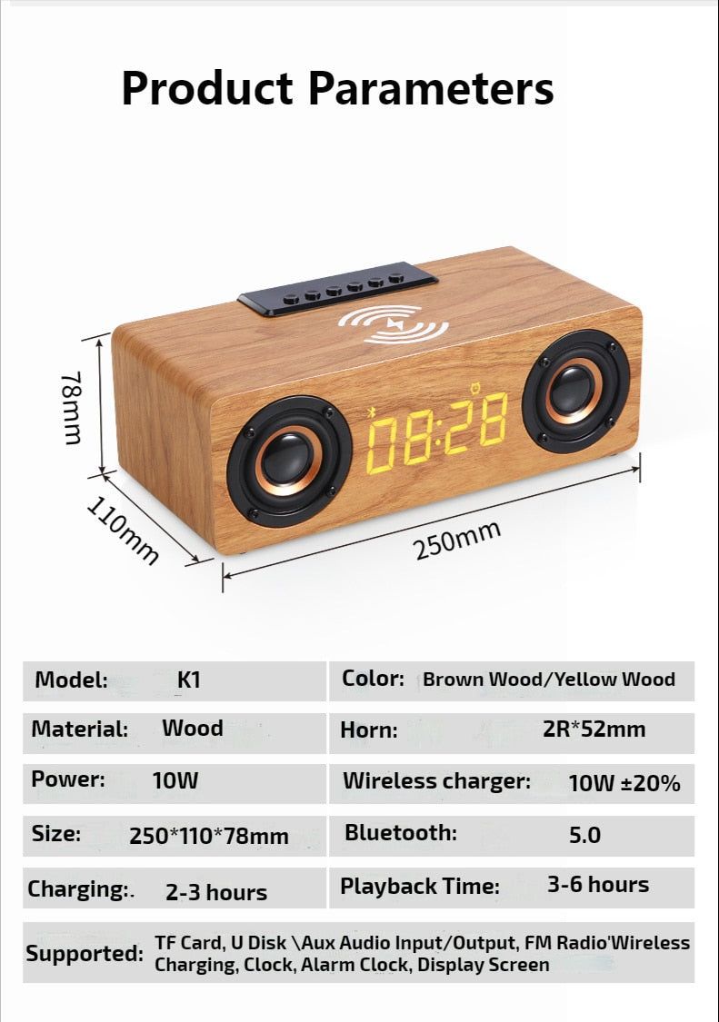 K1 Wooden Wireless Bluetooth Speaker With Alarm Clock | Hifi Media Store