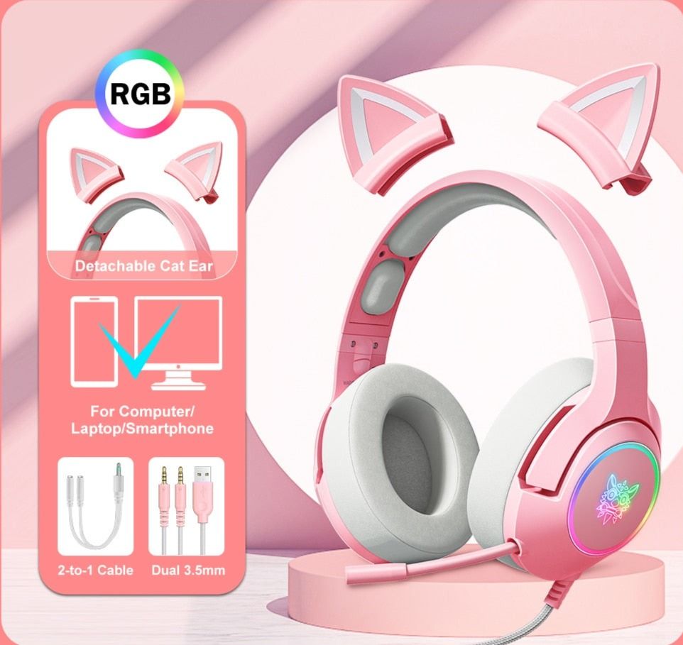 K9 Cat Gaming Headset With LED Light K9 Pink 3.5mm Global | Hifi Media Store