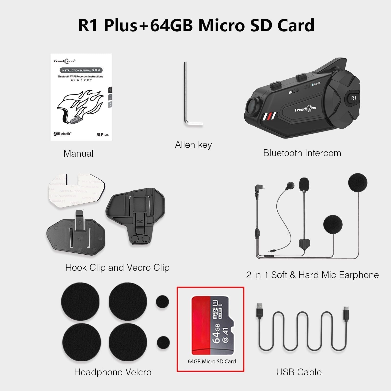 R1 Plus Bluetooth Intercom with Video Recorder Global R1 Plus 64GB Card | Hifi Media Store